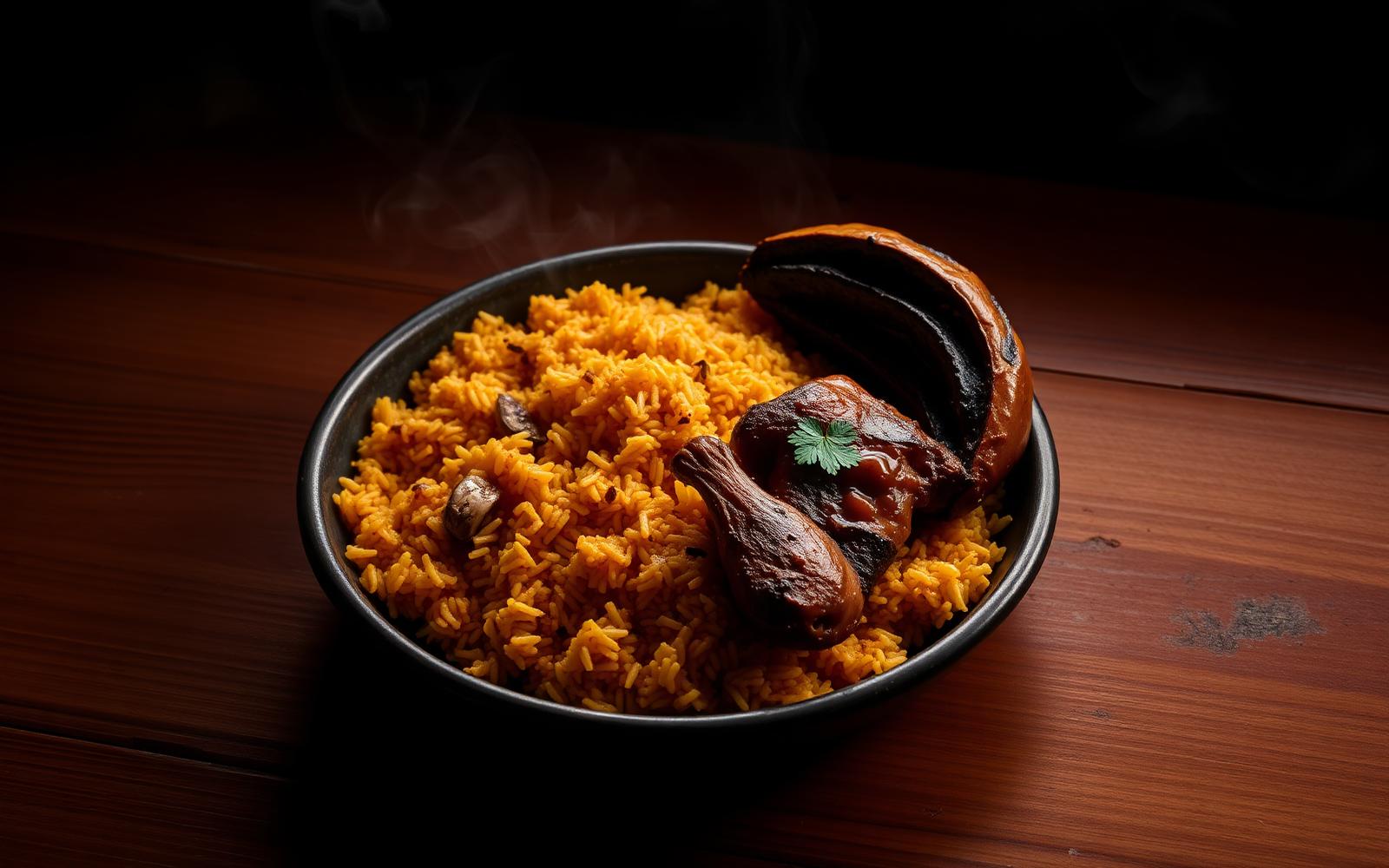 Steaming Ghanaian jollof rice served fresh